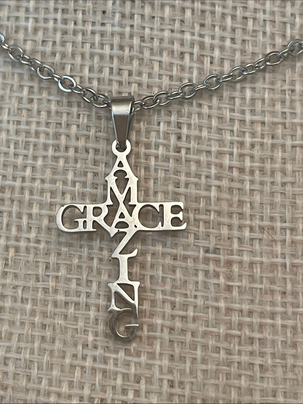 Stainless Steel Silver 'Amazing Grace' Cross Pendant Necklace 20” 2” extender